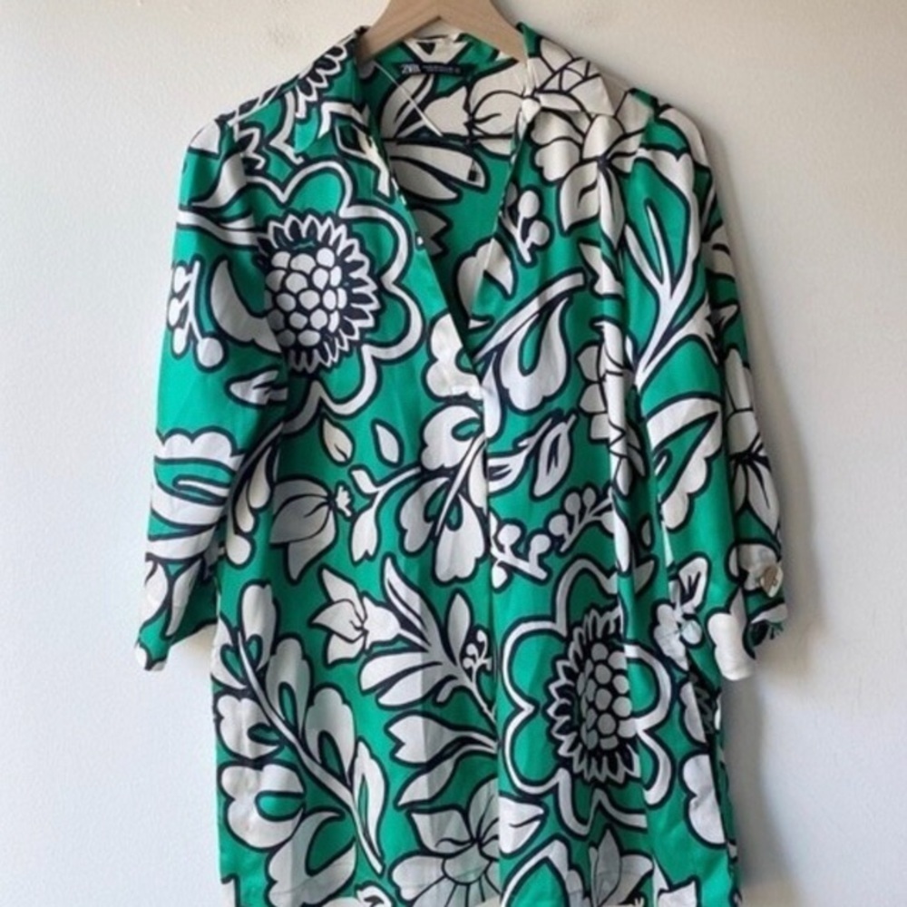 zara green and white floral print tunic